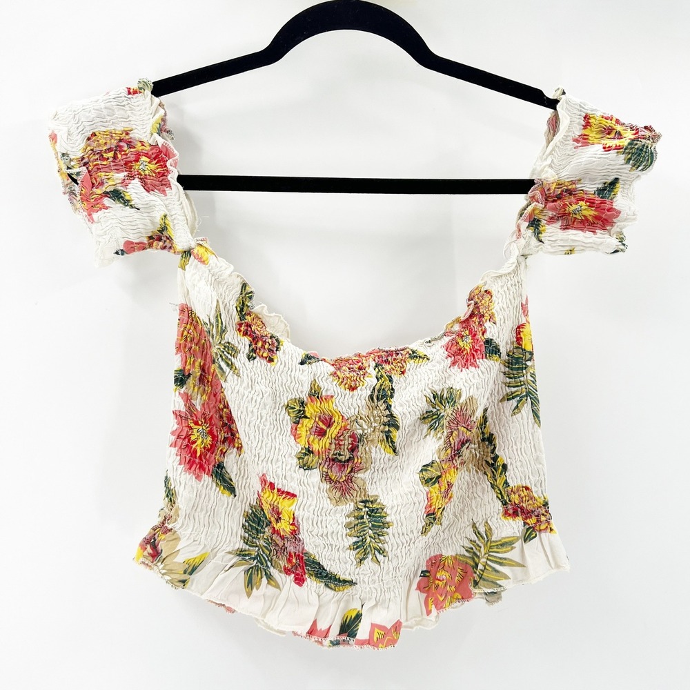 Kiwi & Punch Smocked Crop Top Women Large‎ White Floral Excellent Tropical Boho